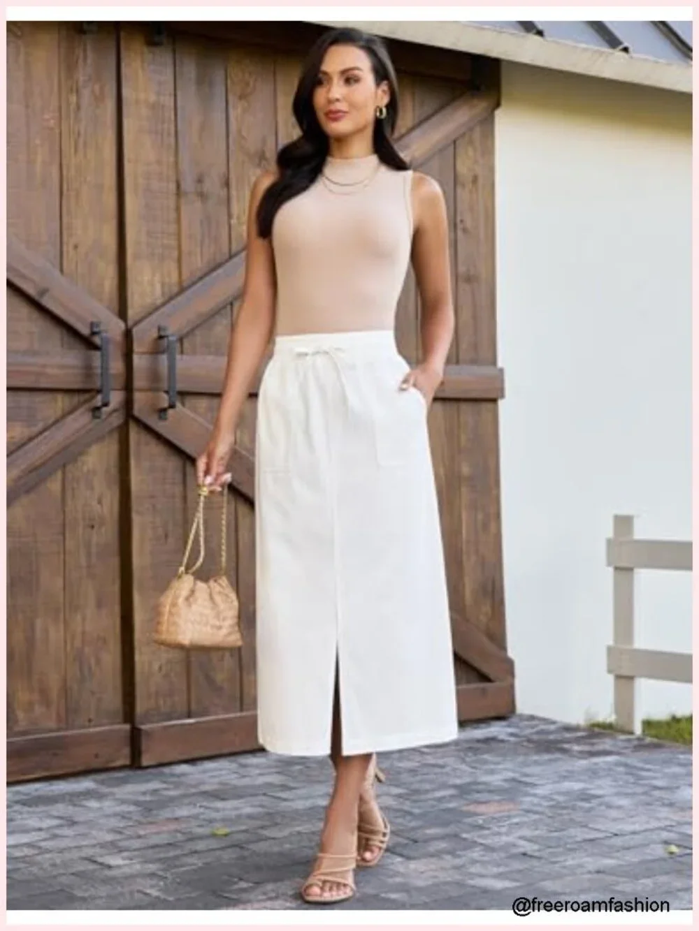 High Waisted Midi Denim Drawstring Elastic Waist Skirt with Pockets Front Slit